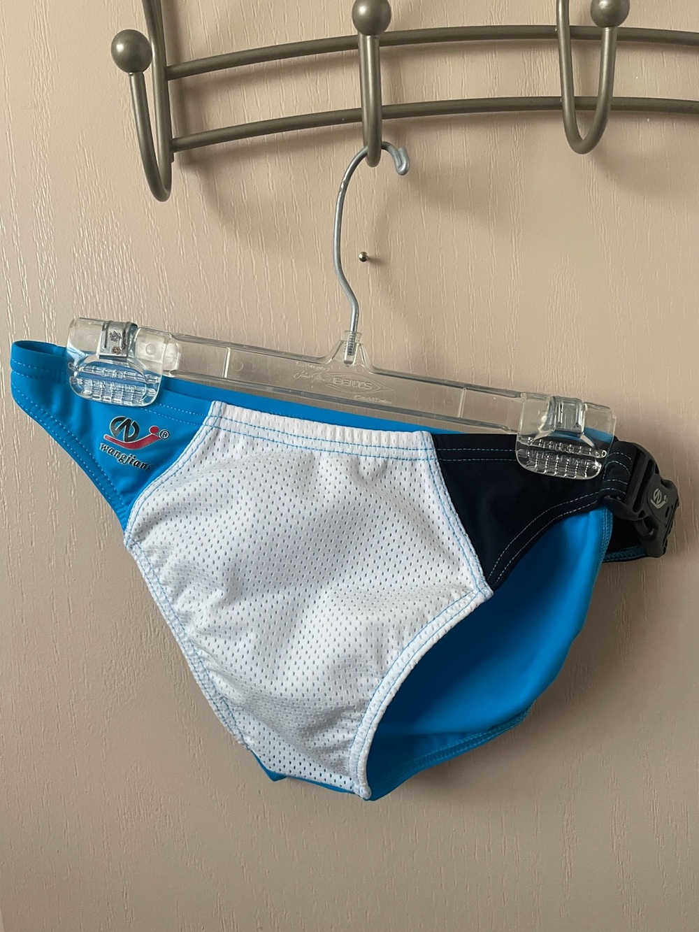 Wang Jiang Men’s Large Blue White Black Mesh Swim Brief NWT